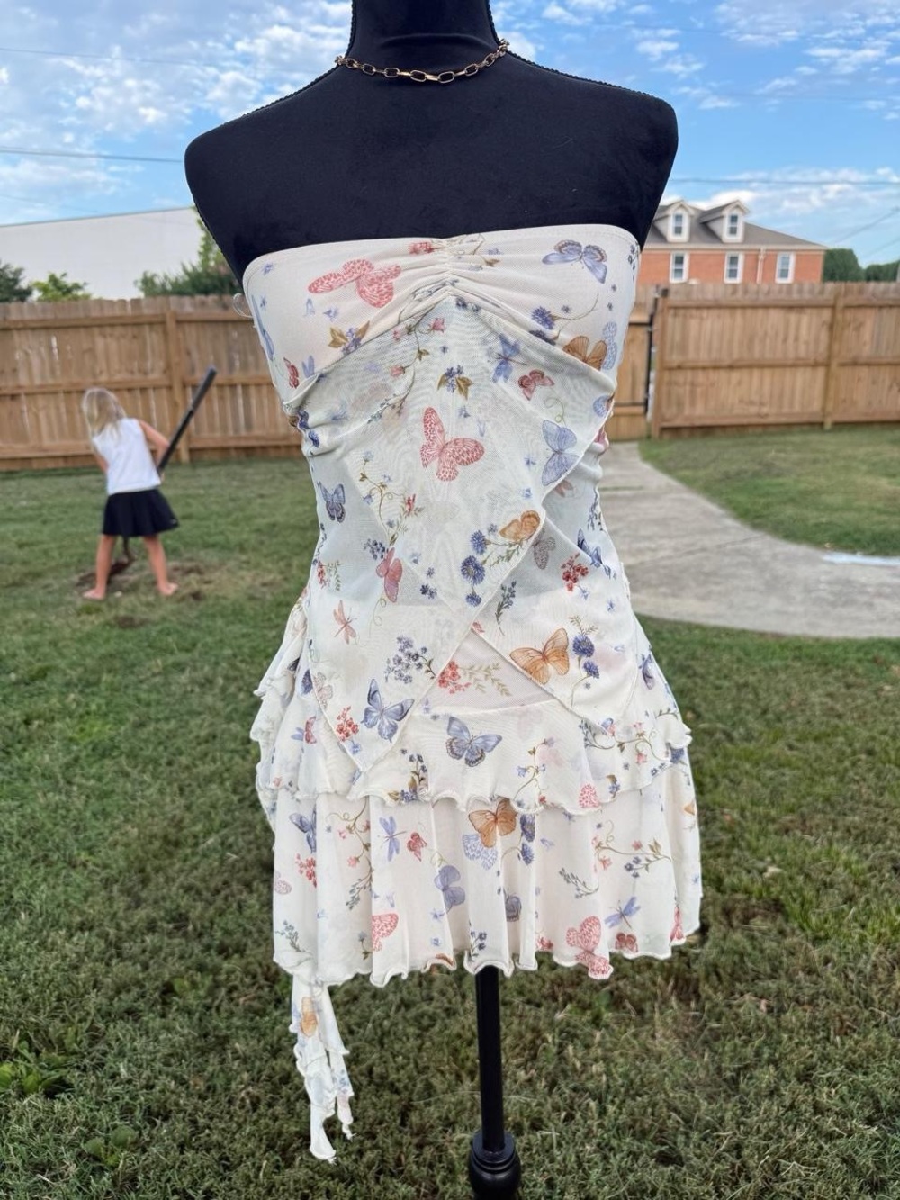 See You Monday Cream Butterfly Print Strapless Ruffle Crop Top
